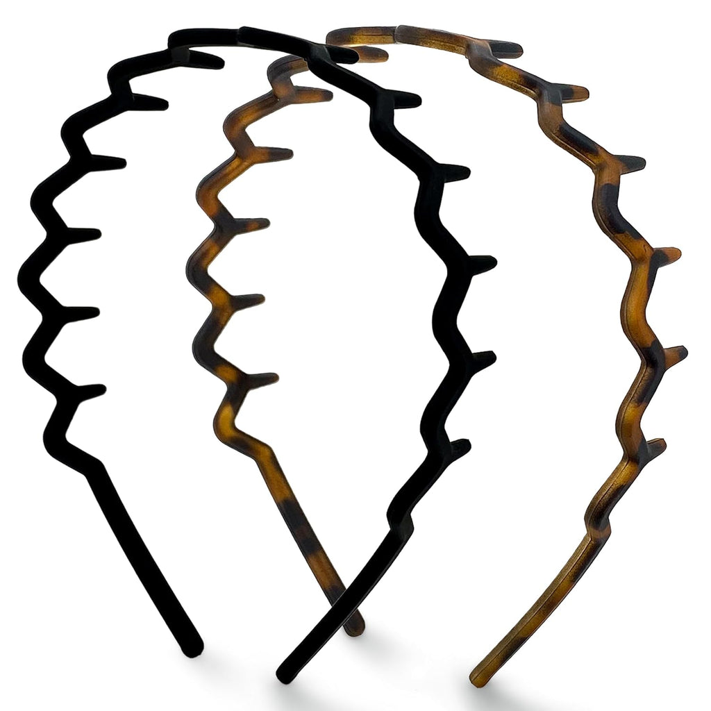 Kitsch Zig Zag Headbands for Women – Fashion Accessories for Slicked Back Styles - Comfortable Wavy Headbands | Comb Headband with Teeth - Black and Tortoise - 2 pcs