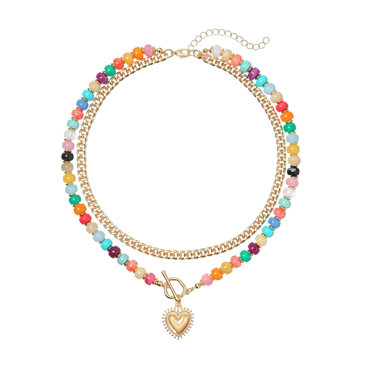 Layered Necklaces for Women, 14K Gold Plated Heart Pendant & Colorful Acrylic Beaded Choker, Cute Trendy Jewelry, Anti-Tangle Single Clasp Design, Summer Beach Boho Necklace for Women