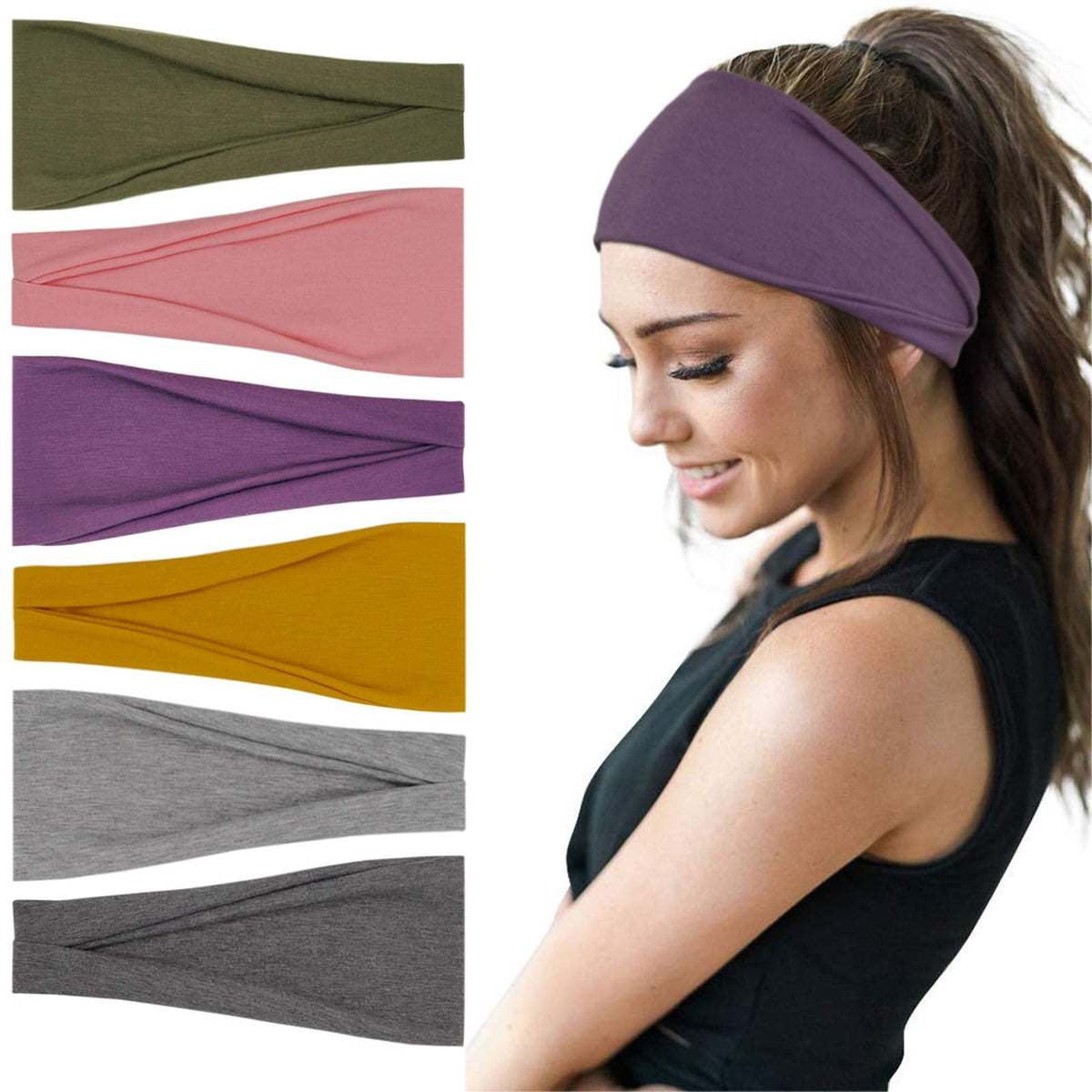 YONUF Boho Headbands For Women Fashion Wide Headband Yoga Workout Head Bands Hair Accessories Band 6 Pack