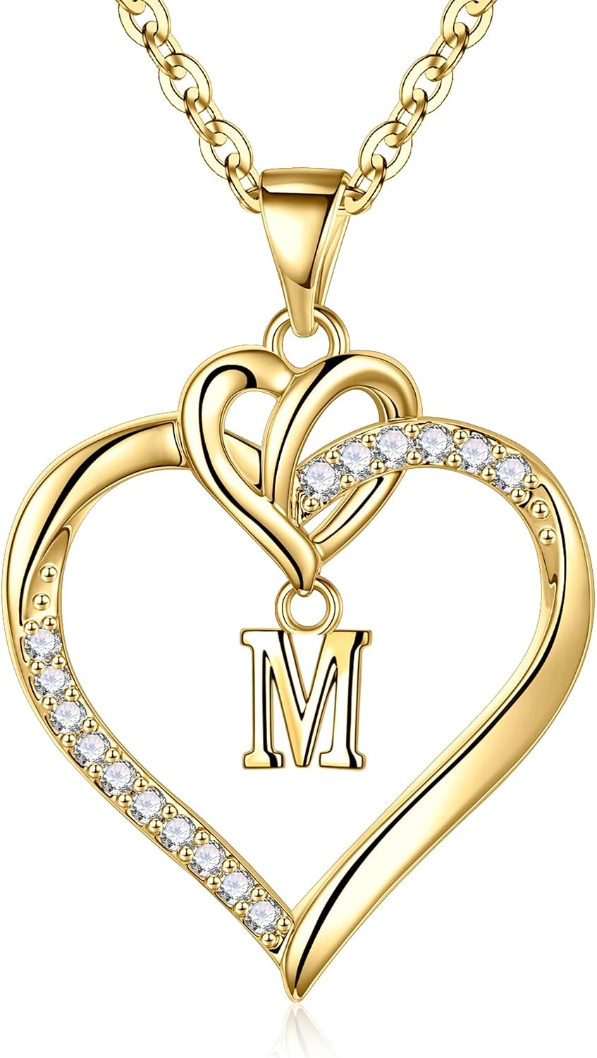 STORUP Heart Initial Necklaces for Women Girls, 14K-Gold-Plated Initial A-Z Heart Necklaces for Teen Girl Jewelry Birthday Gifts for Girls Women Her Wife Mom