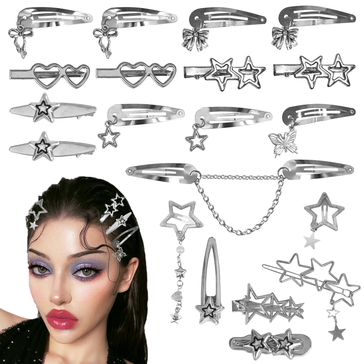 20Pcs Star Hair Clips Y2K Silver Hair Clips 14 Shapes Y2K Hair Accessories Metal Non-Slip Snap Barrettes for Girls 2000s Punk Kawaii Butterfly Charm Hair Clips for Women(Silver B)