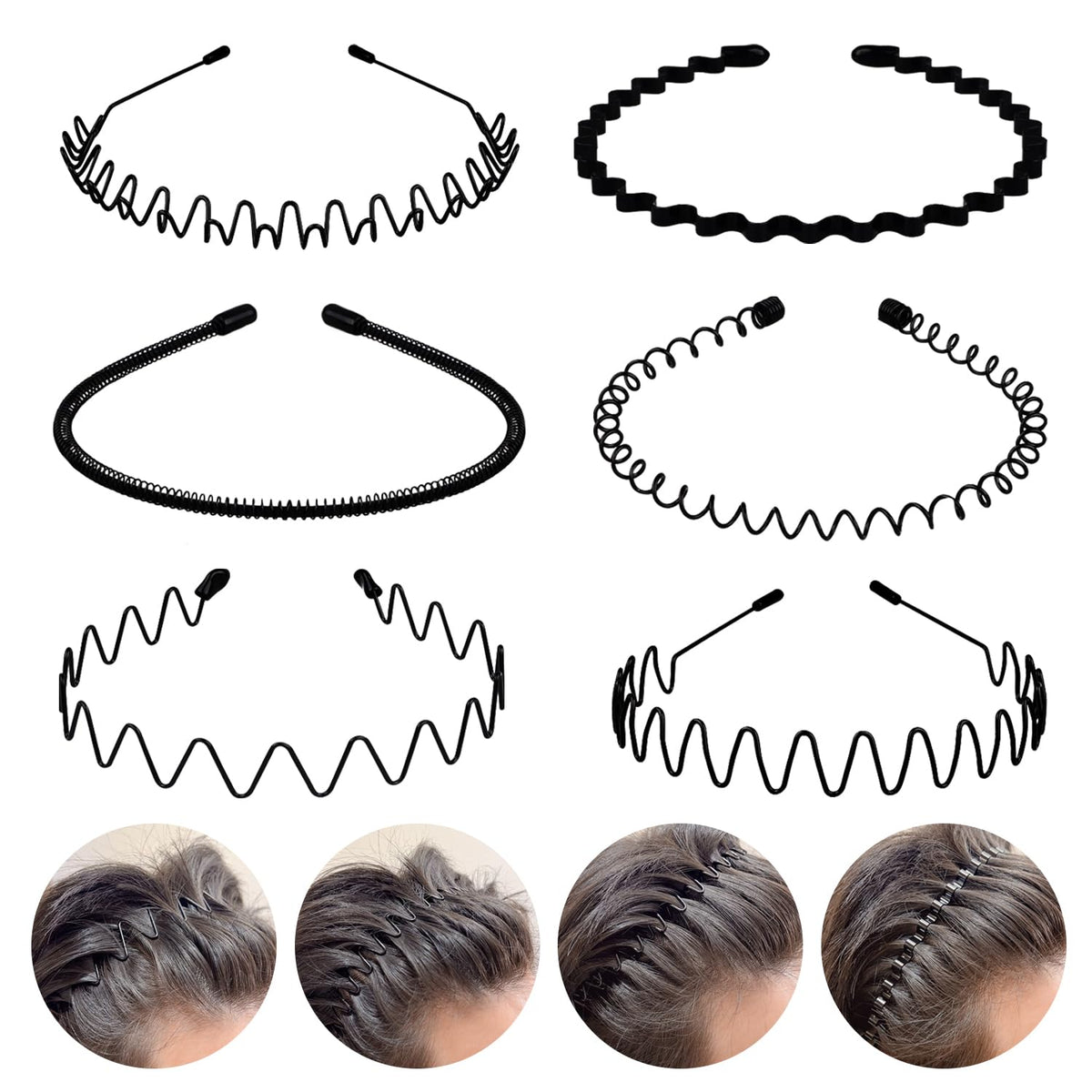 6PCS Metal Hair Bands, Spring Wavy Hoop Unisex Black Headband Slicked Back Non Slip Sports Hairband for Women Men…