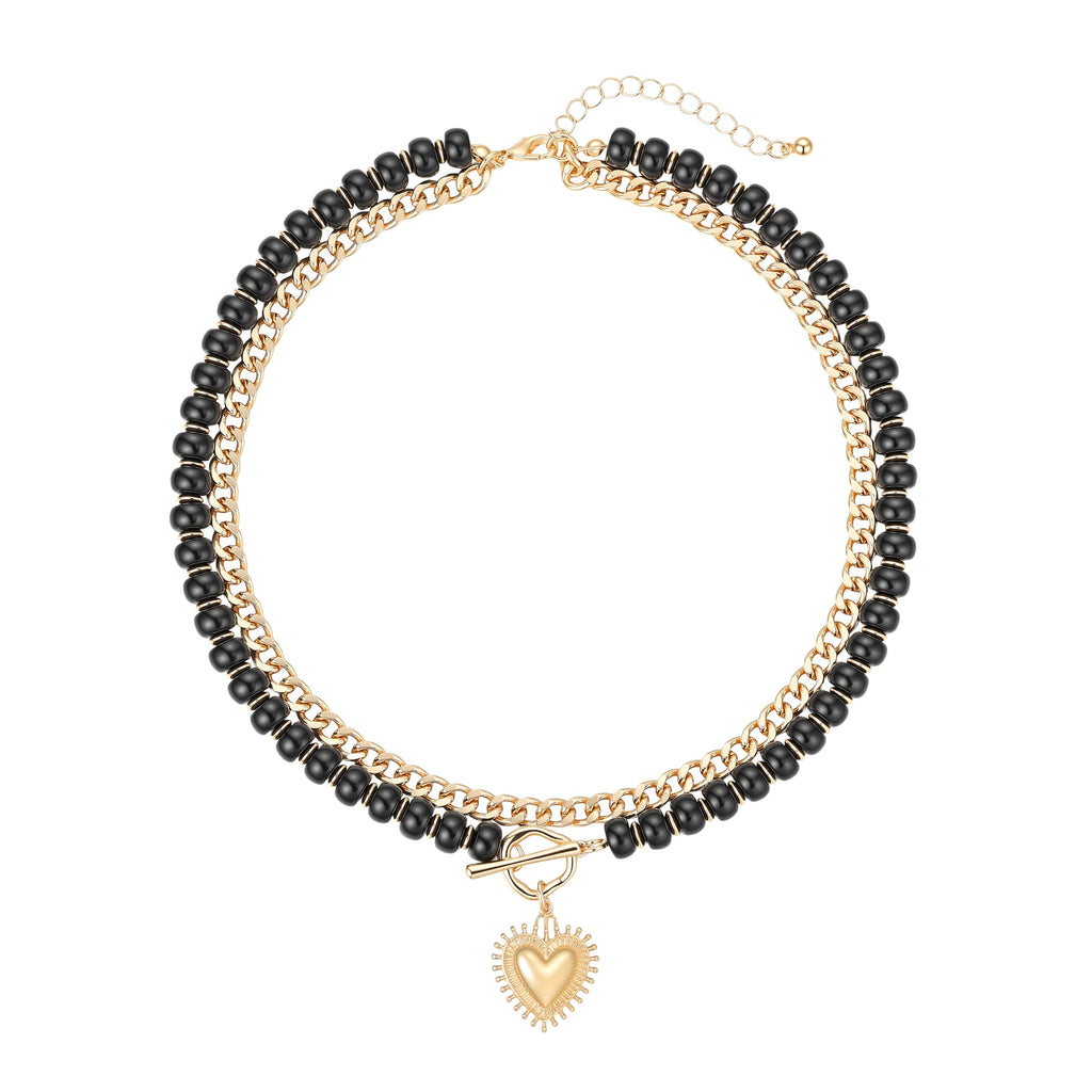Layered Necklaces for Women, 14K Gold Plated Heart Pendant & Colorful Acrylic Beaded Choker, Cute Trendy Jewelry, Anti-Tangle Single Clasp Design, Summer Beach Boho Necklace for Women