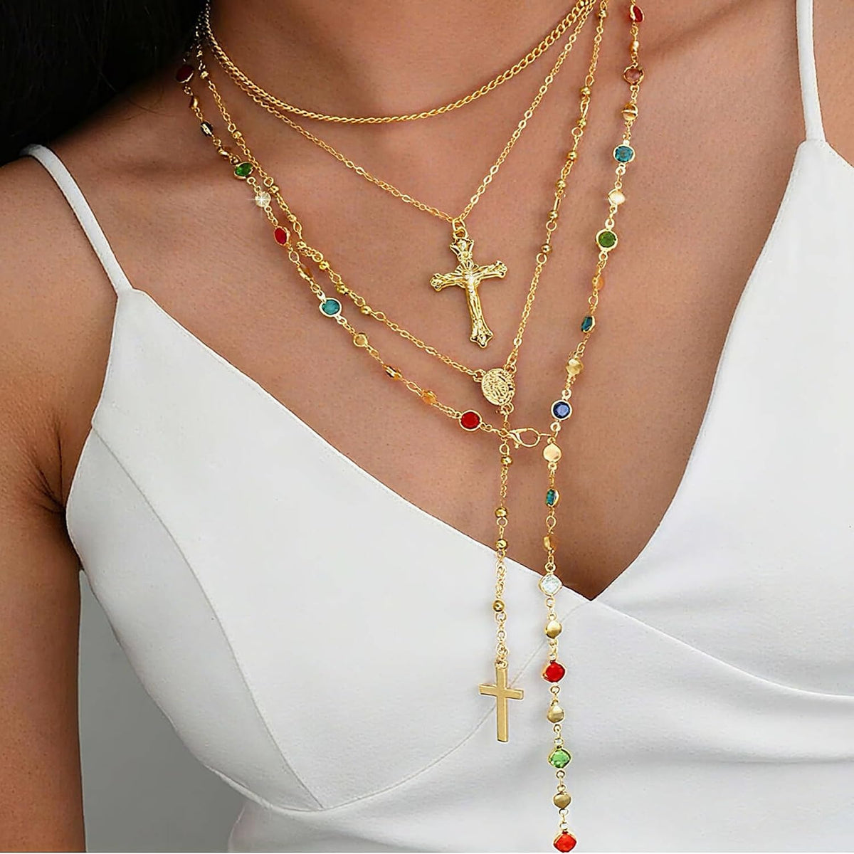 4PCS Layered Gold Cross Necklaces for Women Trendy, Bohemian Bead Pearl Y Long Pendant Necklace Set, Vintage Rosary Necklace Stack Adjustable Length