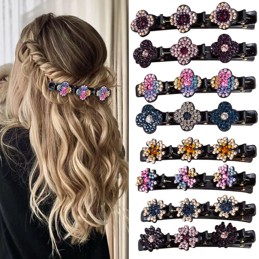 Sparkling Crystal Stone Braided Hair Clover Clips for Thick Thin Hair, Girls/Women Hair Accessories for Styling Sectioning, Large, 8 Pcs