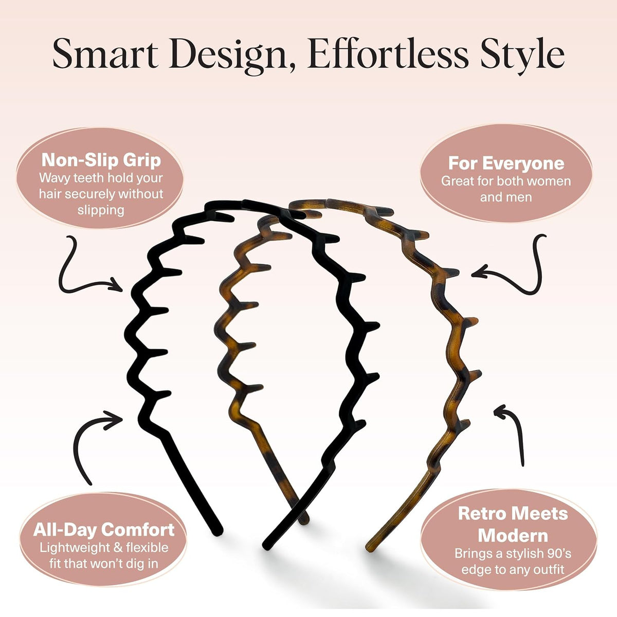 Kitsch Zig Zag Headbands for Women – Fashion Accessories for Slicked Back Styles - Comfortable Wavy Headbands | Comb Headband with Teeth - Black and Tortoise - 2 pcs