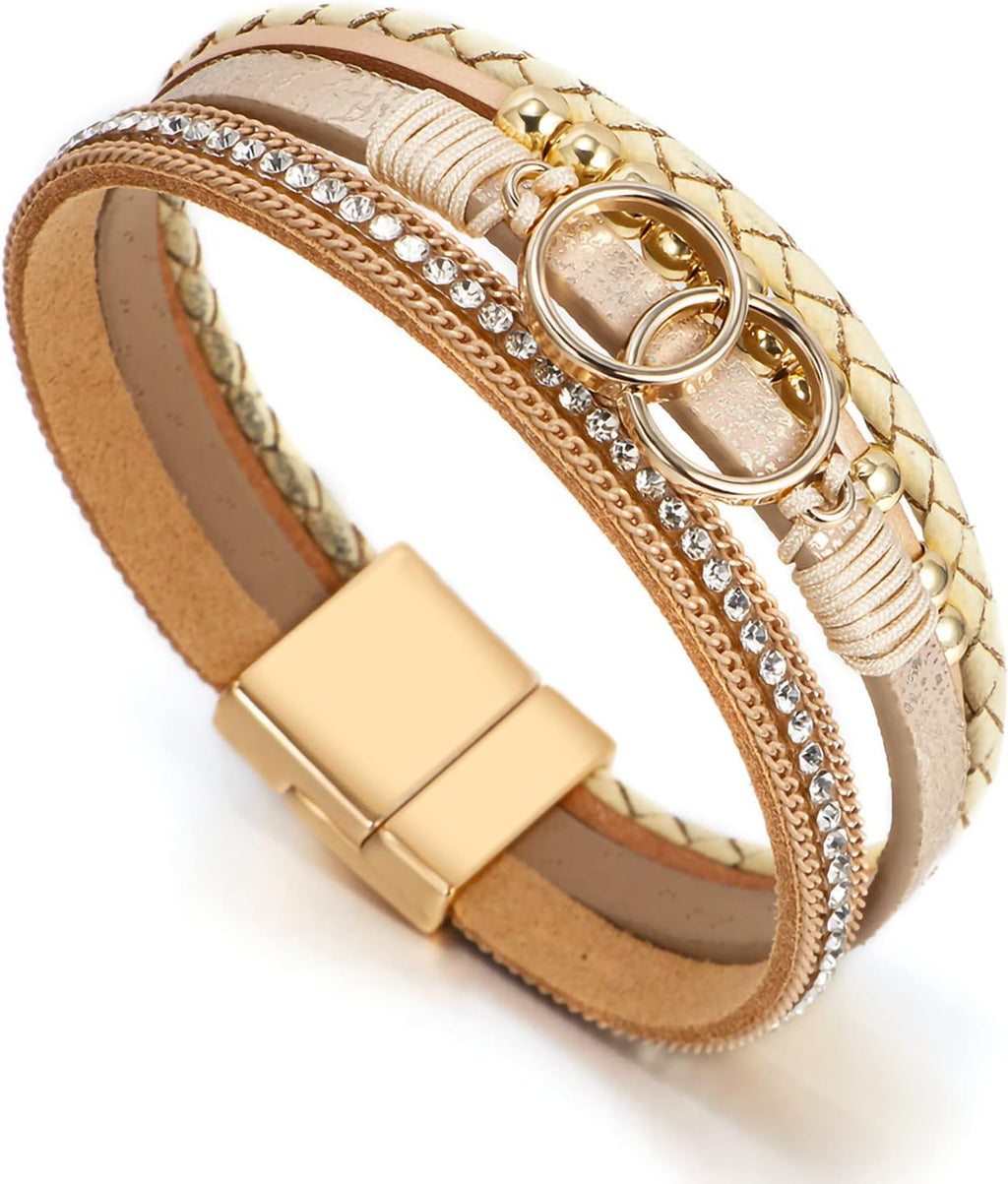 Fesciory Leopard Bracelet for Women, Boho Leather Wrap Multi-Layer Pearl Crystal Bracelet Bangle Jewelry