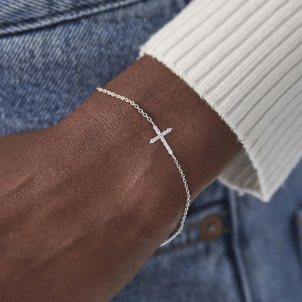 Moodear Cross Bracelet for Women, Dainty 925 Sterling Silver/14k Gold Plated CZ Chain Bracelets for Women Graduation Gift 2026 for Teen Religious Christian Basket Stuffers Jewelry