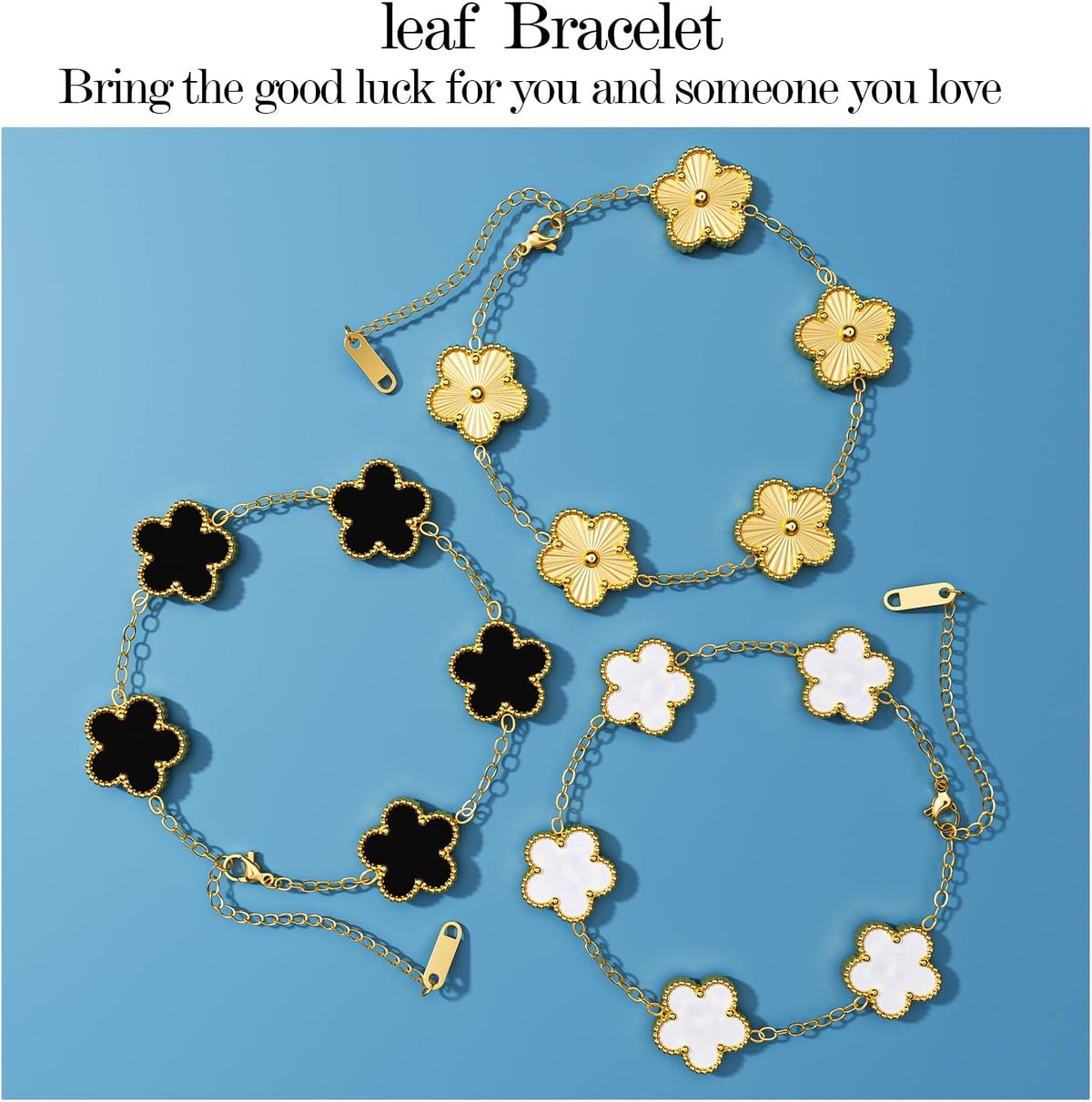 AICase 18K Gold Plated Clover Bracelet Dupes Gold/White/Black Bracelet Set for Women Flower Leaf Lucky Clover Bracelets Trendy Jewelry Birthday Gifts for Women/MoM/Friends