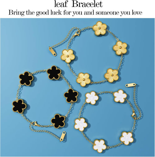 AICase 18K Gold Plated Clover Bracelet Dupes Gold/White/Black Bracelet Set for Women Flower Leaf Lucky Clover Bracelets Trendy Jewelry Birthday Gifts for Women/MoM/Friends