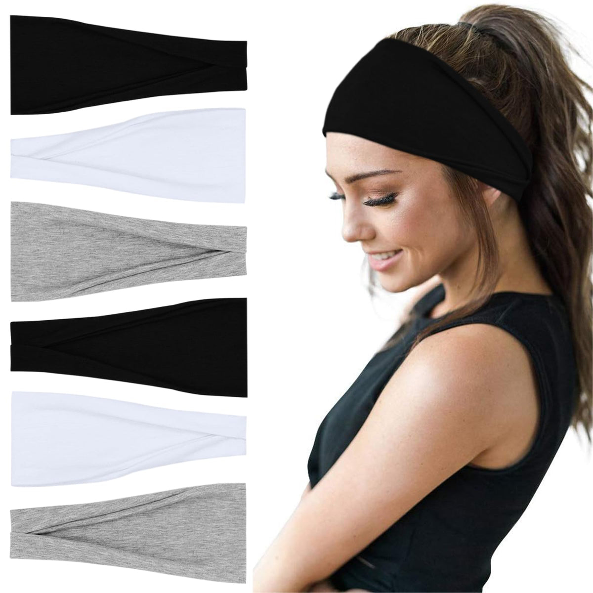 YONUF Boho Headbands For Women Fashion Wide Headband Yoga Workout Head Bands Hair Accessories Band 6 Pack