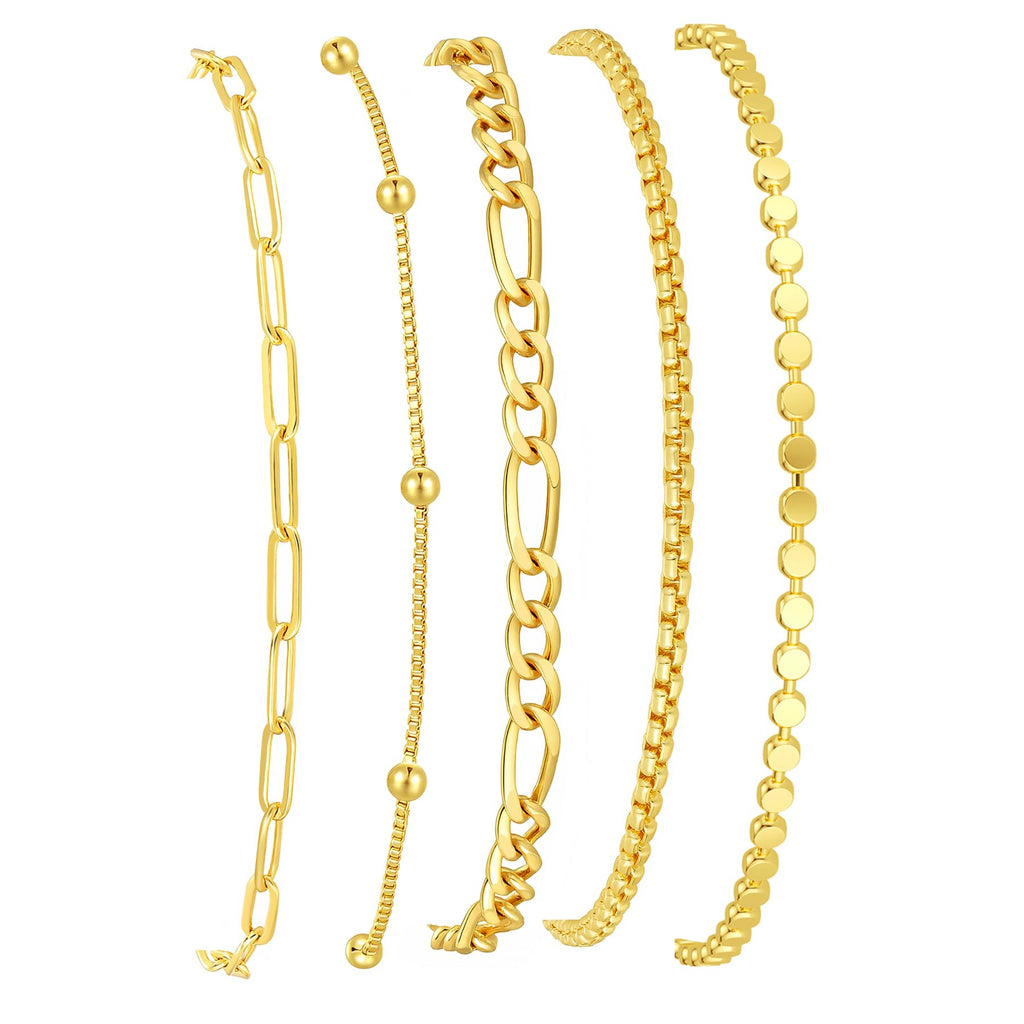 Gold Bracelets for Women, 14K Gold Plated Stackable Bracelet Stack Set Adjustable Charm Paperclip Chain Snake Link Layered Waterproof Jewelry Sets Gifts