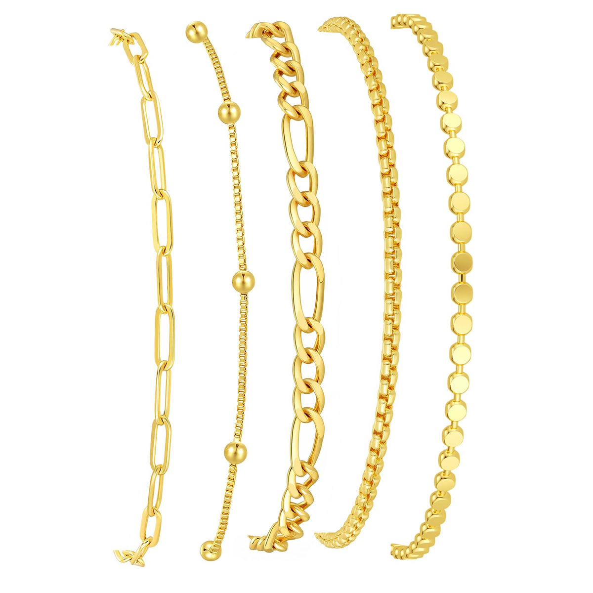 Gold Bracelets for Women, 14K Gold Plated Stackable Bracelet Stack Set Adjustable Charm Paperclip Chain Snake Link Layered Waterproof Jewelry Sets Gifts