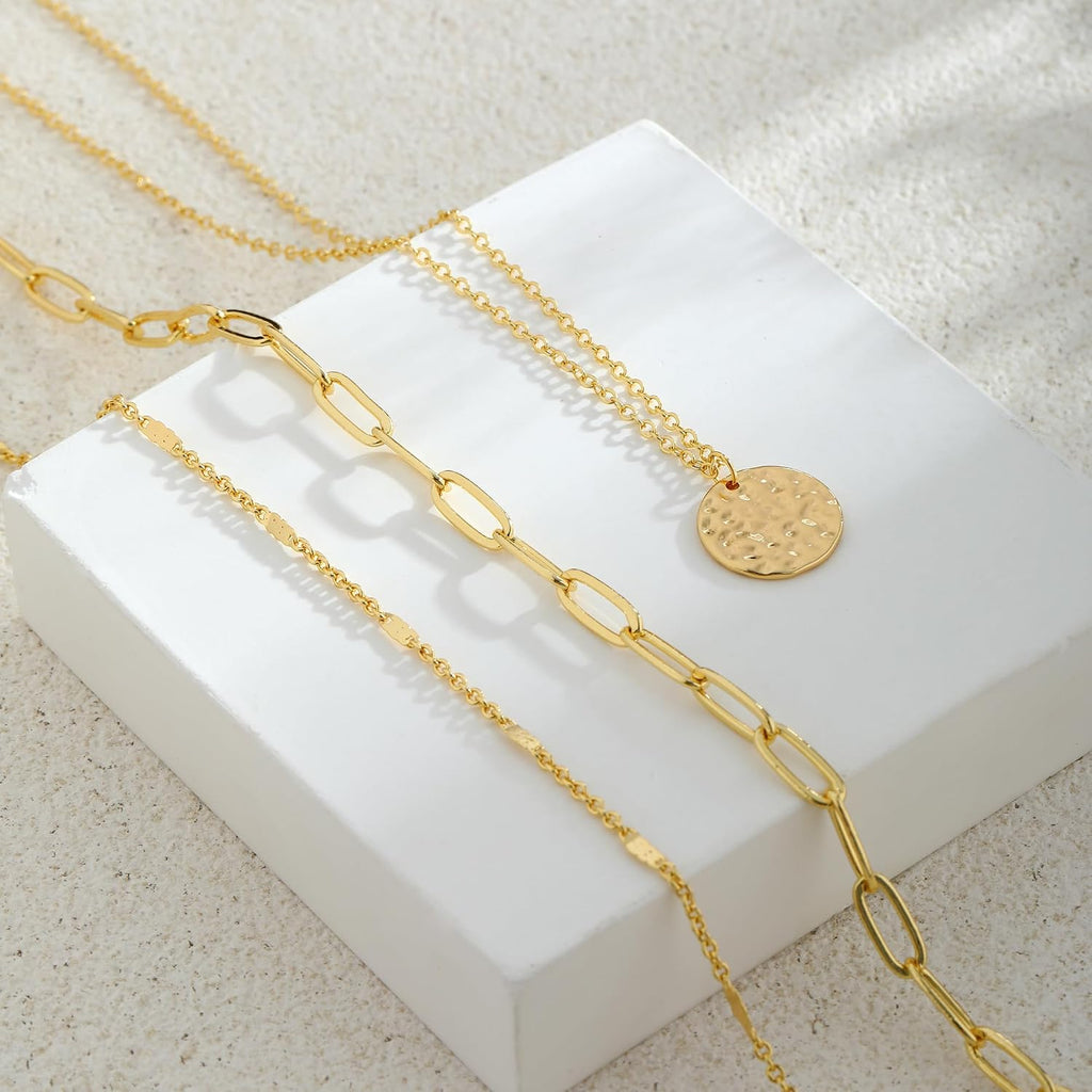 Layered Gold Necklace for Women, 14K Gold Plated Necklace Stack for Women, Dainty Adjustable Gold Necklace Set