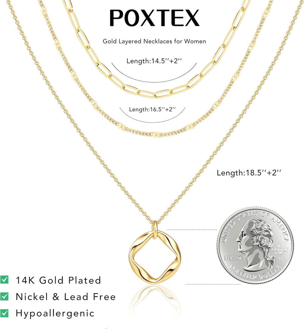 Poxtex Layered Gold Necklaces for Women, Stackable Dainty 14K Gold Silver Plated Trendy Simple Heart Diamond Cross Bow Circle Pendant Paperclip Choker Dot Chain Necklace,Jewelry Set Gifts for Women