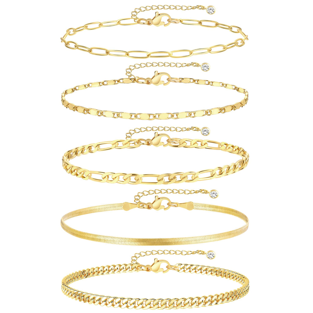 iF YOU Gold Ankle Bracelets for Women, 14k Gold Plated Waterproof Cuban Link Chain Anklets Set, Layered Anklet Bracelets for Women Beach Gift Adjustable Size 5pcs