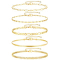 iF YOU Gold Ankle Bracelets for Women, 14k Gold Plated Waterproof Cuban Link Chain Anklets Set, Layered Anklet Bracelets for Women Beach Gift Adjustable Size 5pcs