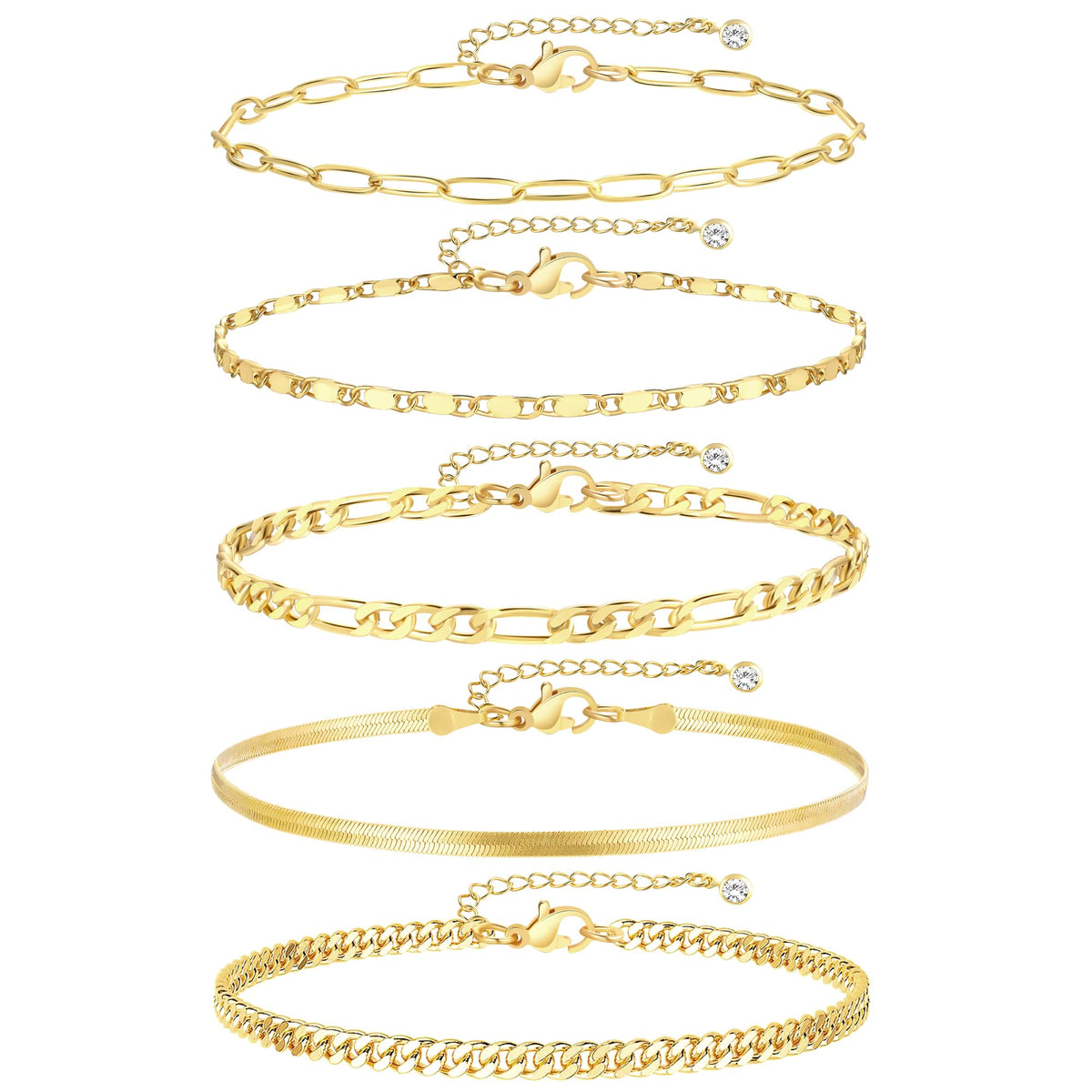 iF YOU Gold Ankle Bracelets for Women, 14k Gold Plated Waterproof Cuban Link Chain Anklets Set, Layered Anklet Bracelets for Women Beach Gift Adjustable Size 5pcs
