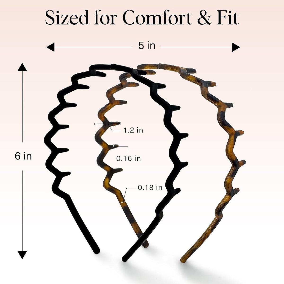 Kitsch Zig Zag Headbands for Women – Fashion Accessories for Slicked Back Styles - Comfortable Wavy Headbands | Comb Headband with Teeth - Black and Tortoise - 2 pcs