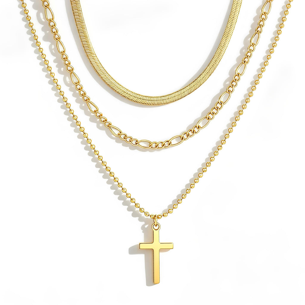 4PCS Layered Gold Cross Necklaces for Women Trendy, Bohemian Bead Pearl Y Long Pendant Necklace Set, Vintage Rosary Necklace Stack Adjustable Length