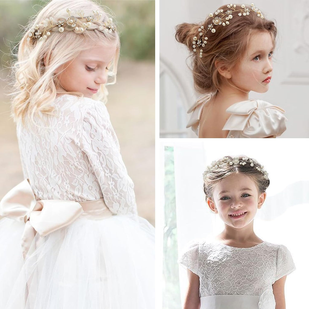 Flower Girl Headband, Princess Flower Crystal Headpiece, Girl Hair Accessories, Rhinestone Pearl Headband, Suitable for Girls and Bride Wedding （Gold）