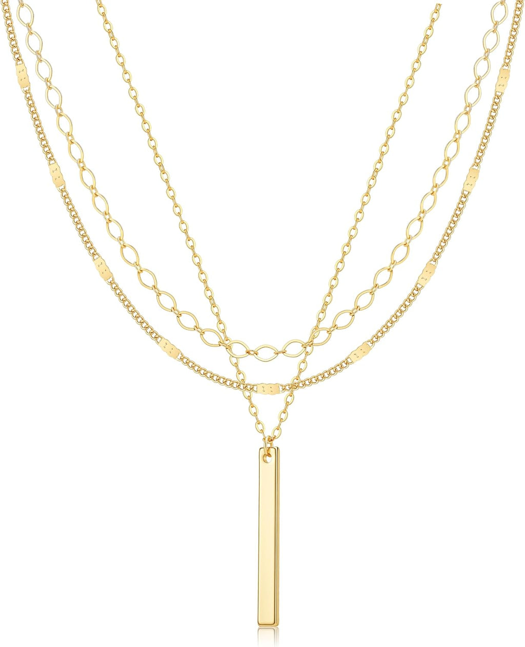 Gold Necklace for Women 14K Gold Plated Layered Cross Bar Necklace Herringbone Figaro Paperclip Flat Chain Cute Charm Accessories Non Tarnish Jewelry Set Gifts for Women