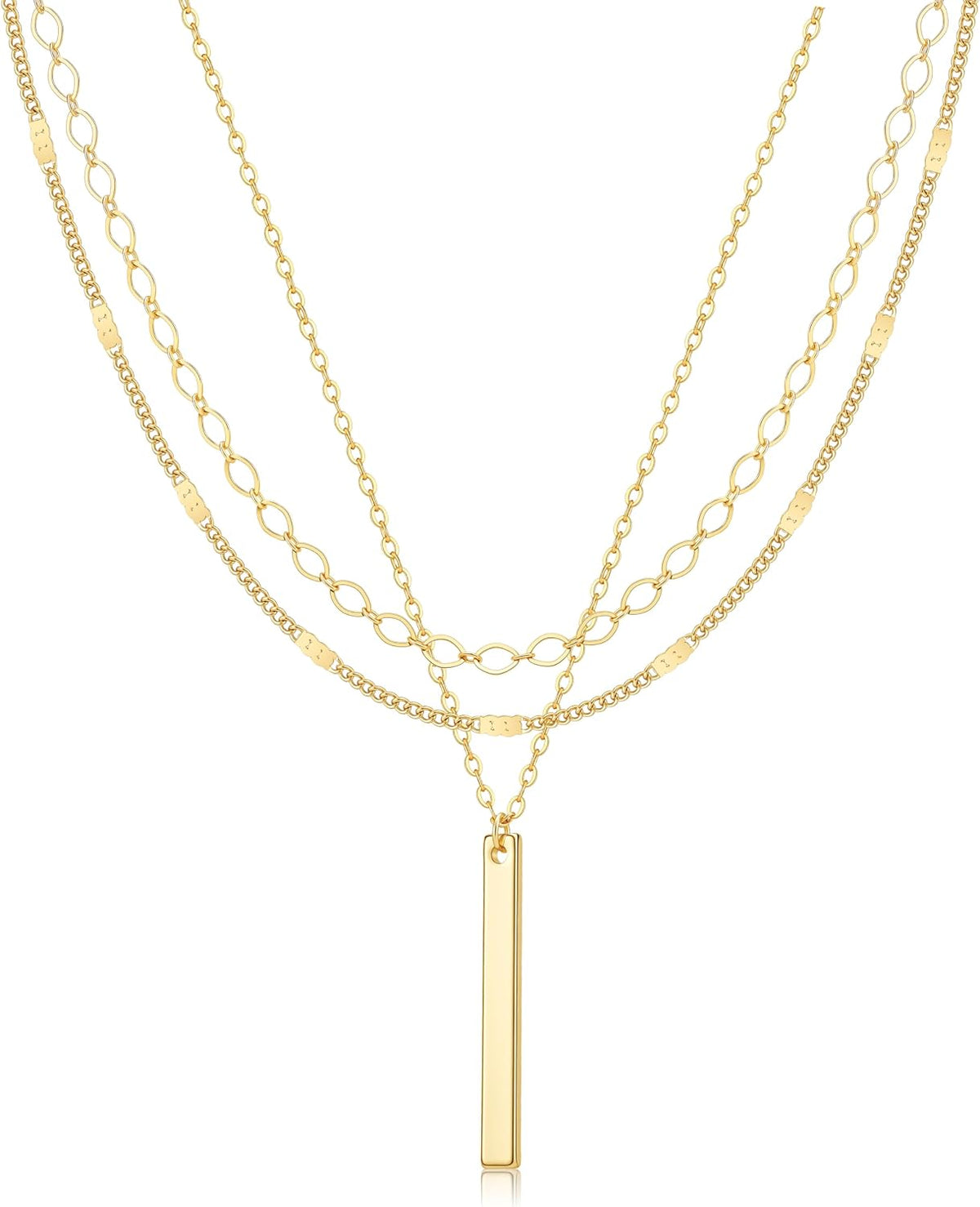 Gold Necklace for Women 14K Gold Plated Layered Cross Bar Necklace Herringbone Figaro Paperclip Flat Chain Cute Charm Accessories Non Tarnish Jewelry Set Gifts for Women