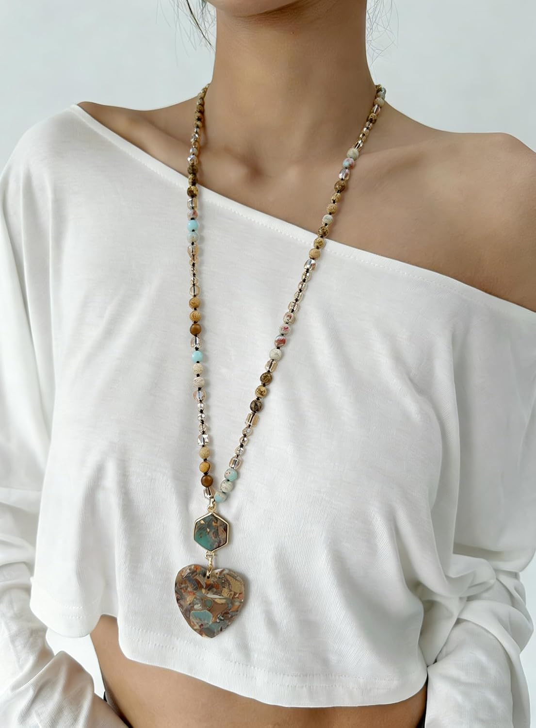 Yomisa Boho Necklaces for Women Men Long,33/34/35 Inch Natural Turquoise Tiger Eye Beaded Stone Pendant Necklaces for Women Trendy,Handmade Bohemian Western Bead Necklace Fashion Charm Jewelry Gift