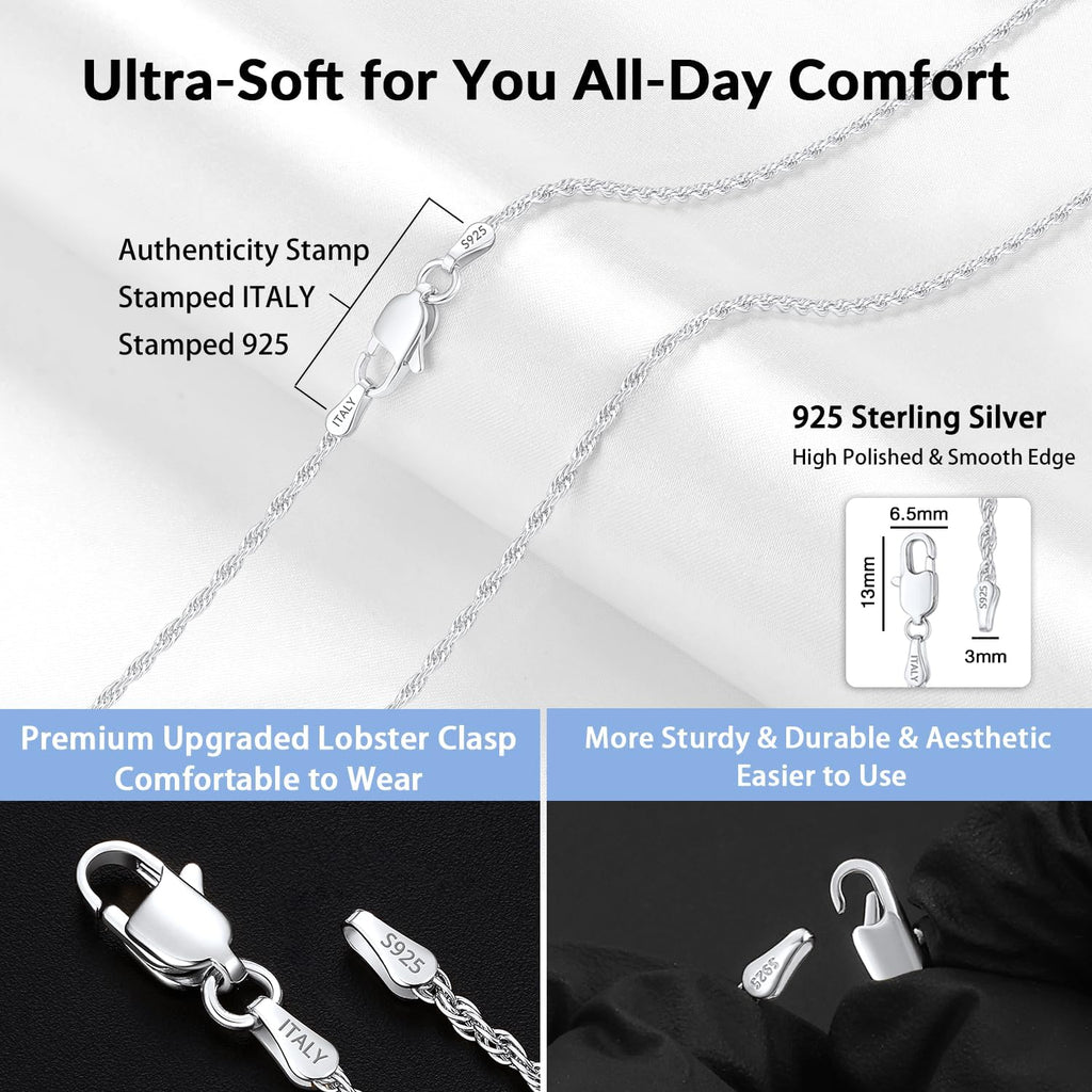 Jewlpire 1.5mm 2mm Rope Chain 925 Sterling Silver Chain Necklace for Women, Smooth Sturdy Women's Chains Necklace, 16 18 20 22 24 26 Inch