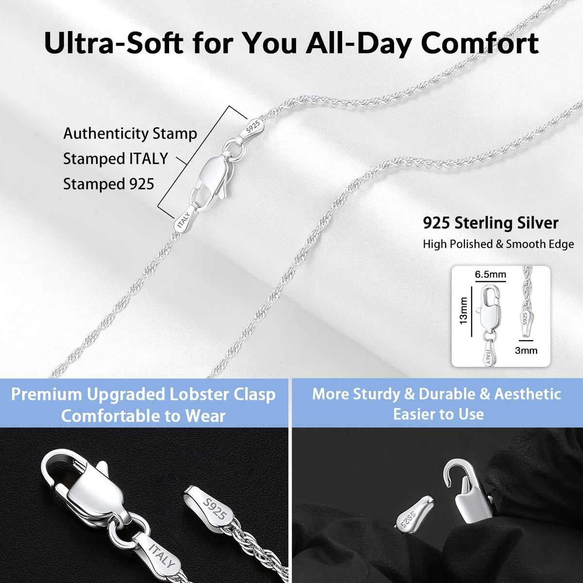 Jewlpire 1.5mm 2mm Rope Chain 925 Sterling Silver Chain Necklace for Women, Smooth Sturdy Women's Chains Necklace, 16 18 20 22 24 26 Inch
