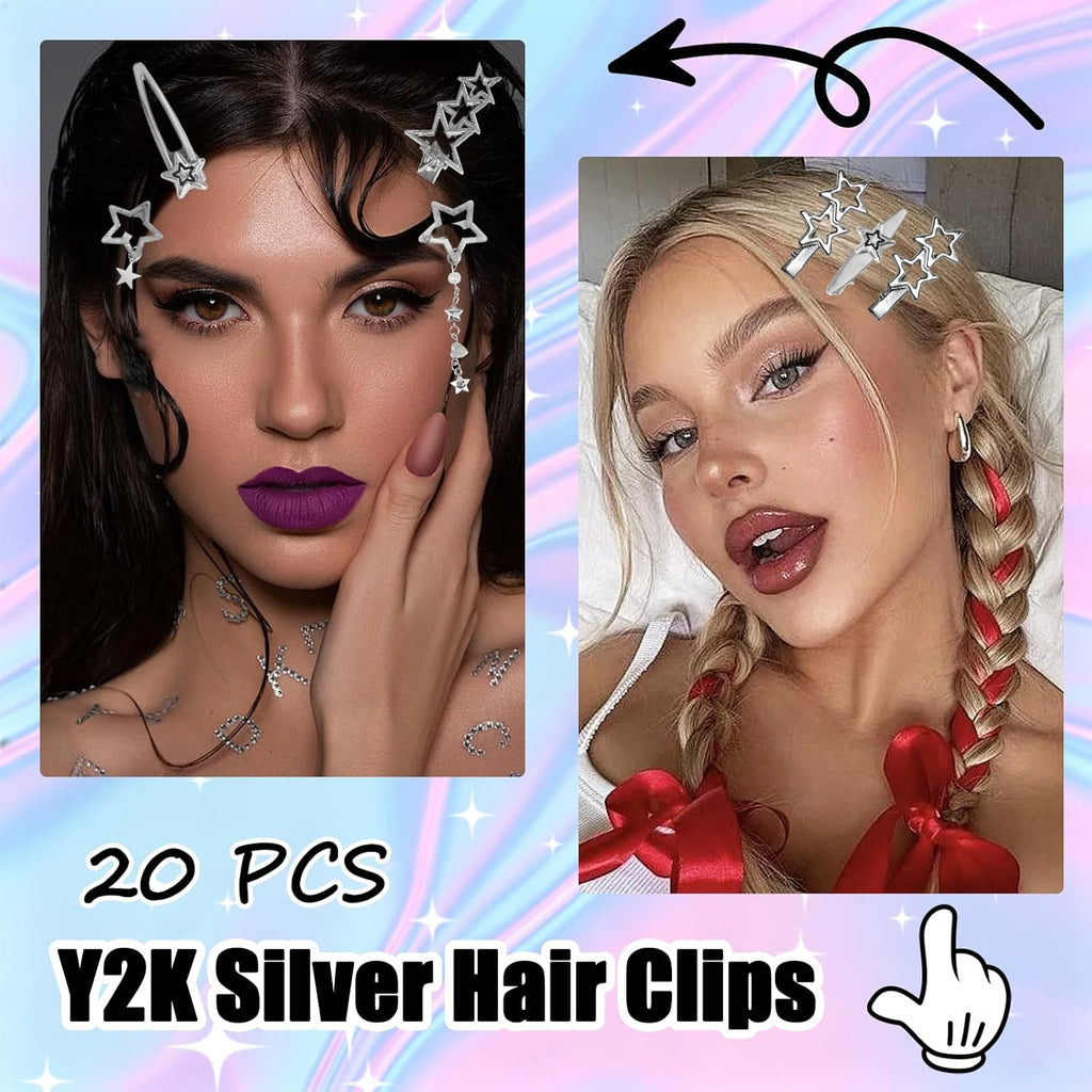 20Pcs Star Hair Clips Y2K Silver Hair Clips 14 Shapes Y2K Hair Accessories Metal Non-Slip Snap Barrettes for Girls 2000s Punk Kawaii Butterfly Charm Hair Clips for Women(Silver B)