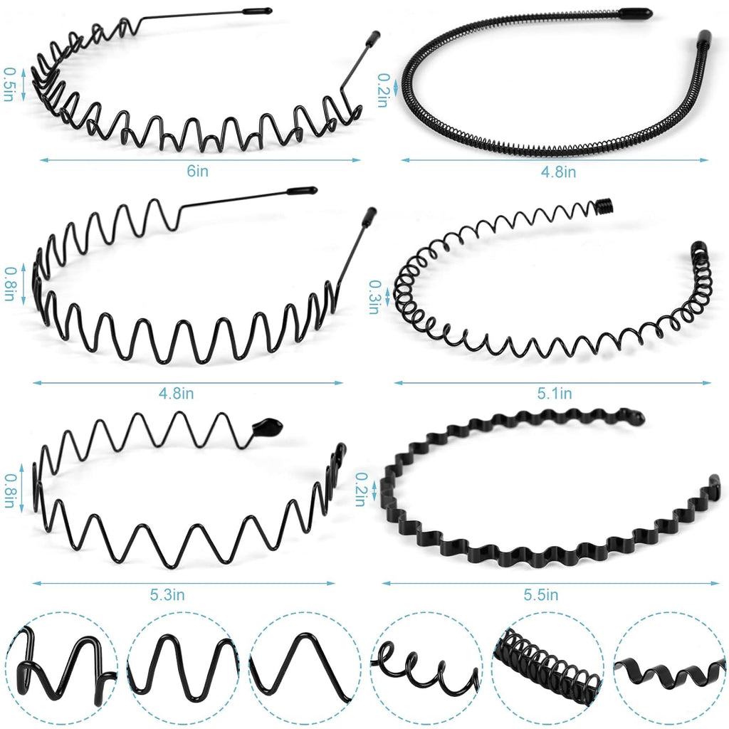 6PCS Metal Hair Bands, Spring Wavy Hoop Unisex Black Headband Slicked Back Non Slip Sports Hairband for Women Men…