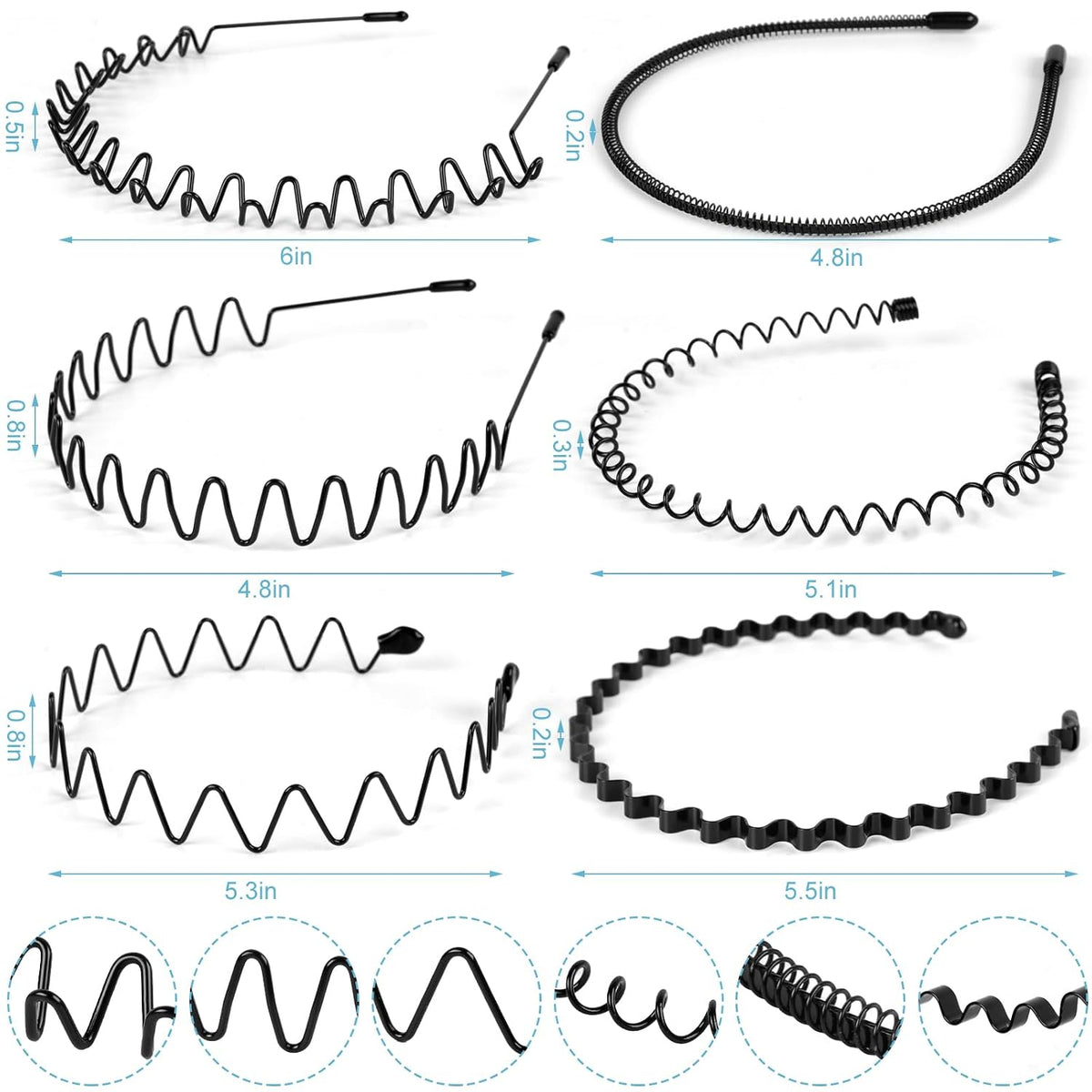 6PCS Metal Hair Bands, Spring Wavy Hoop Unisex Black Headband Slicked Back Non Slip Sports Hairband for Women Men…