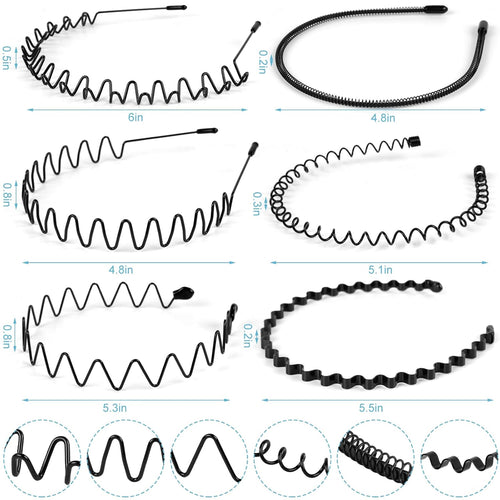6PCS Metal Hair Bands, Spring Wavy Hoop Unisex Black Headband Slicked Back Non Slip Sports Hairband for Women Men…