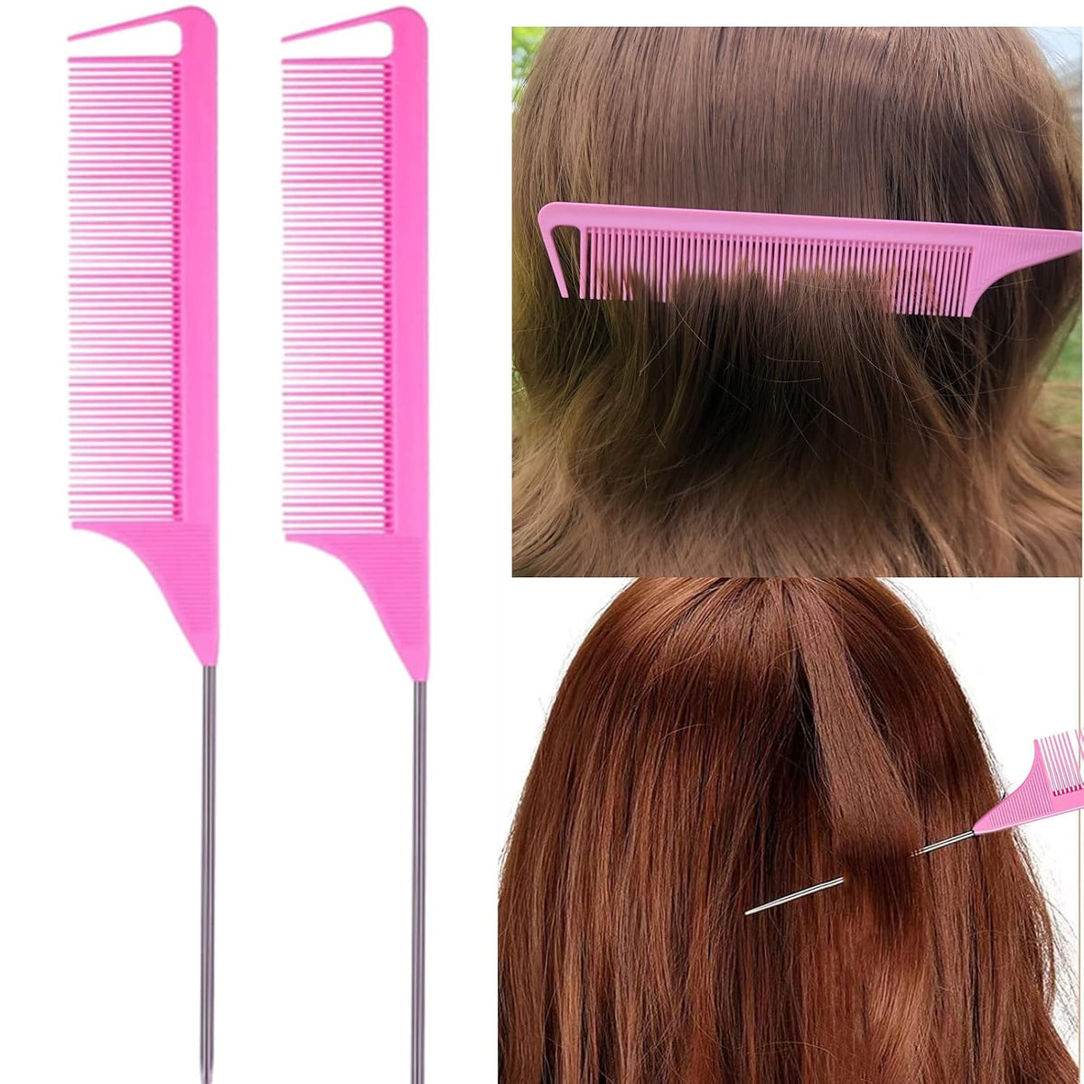 ZVOREI 8Pcs Hair Brushes Set with 4Pcs Topsy Hair Tail Tools 1Pcs Bristle Teasing Hair Brush 1Pcs Edge Control Brush 2Pcs Metal Pin Rat Tail Combs for Woman Girl Hair Styling,Edge&Back Brushing,Pink