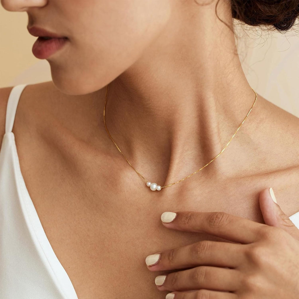 Gold Pearl Necklaces for Women Trendy, 14K Gold Plated Dainty Necklace Simple Layered Pearl Necklaces for Women Trendy Wedding Birthday Jewelry