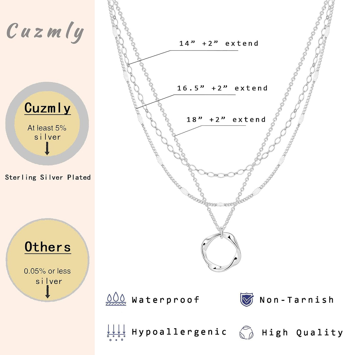 Cuzmly Layered Silver Necklaces for Women, Sterling Silver Stackable Stack Choker Necklaces for Women Trendy Layering Circle Pendant Chain Necklace Set Jewelry for Women