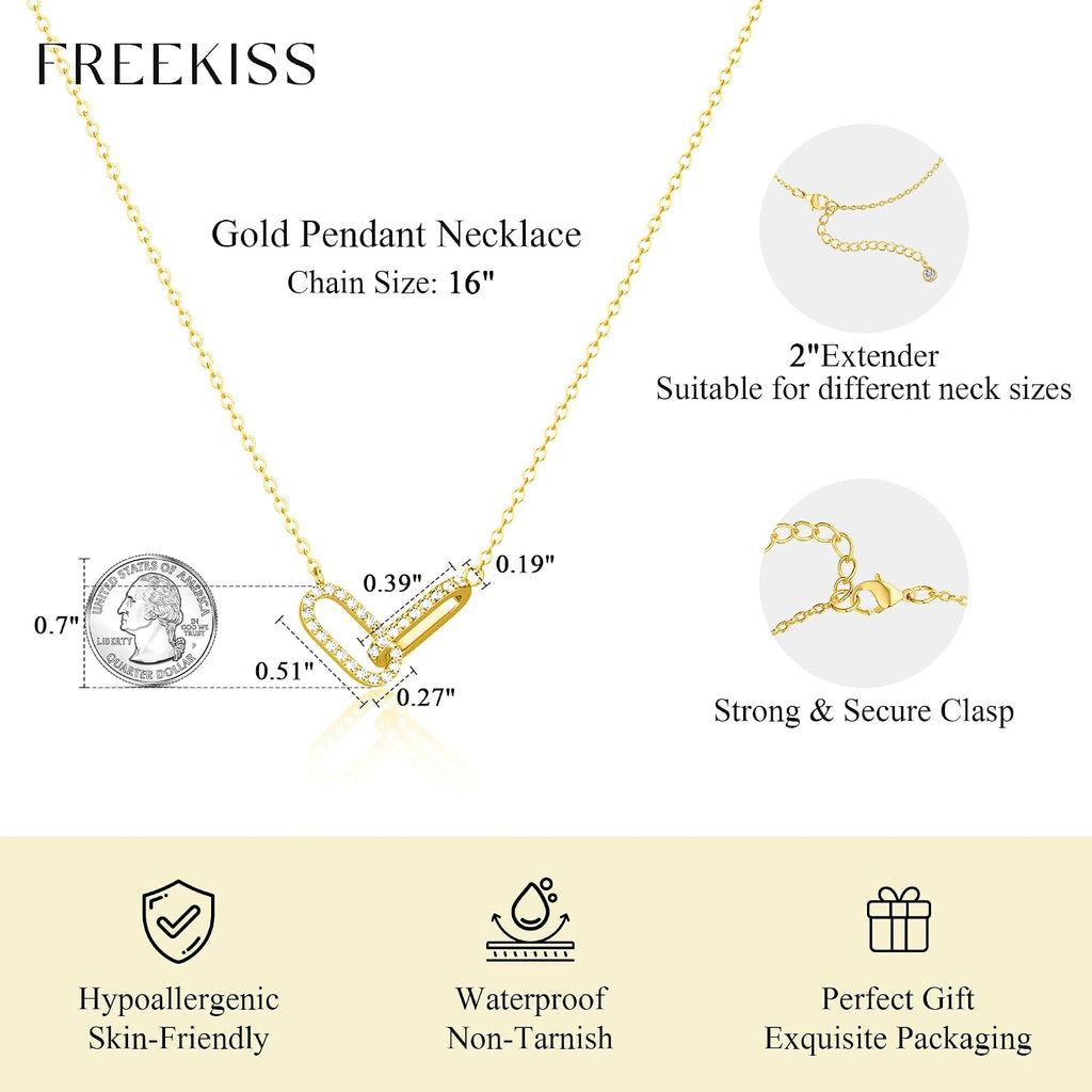 Freekiss Gold Pendant Necklace for Women, Dainty Diamond Necklaces for Women Simple 14K Gold Plated Paperclip Choker Necklaces Cute Minimalist Open Oval Necklaces Gold Jewelry for Women Gifts