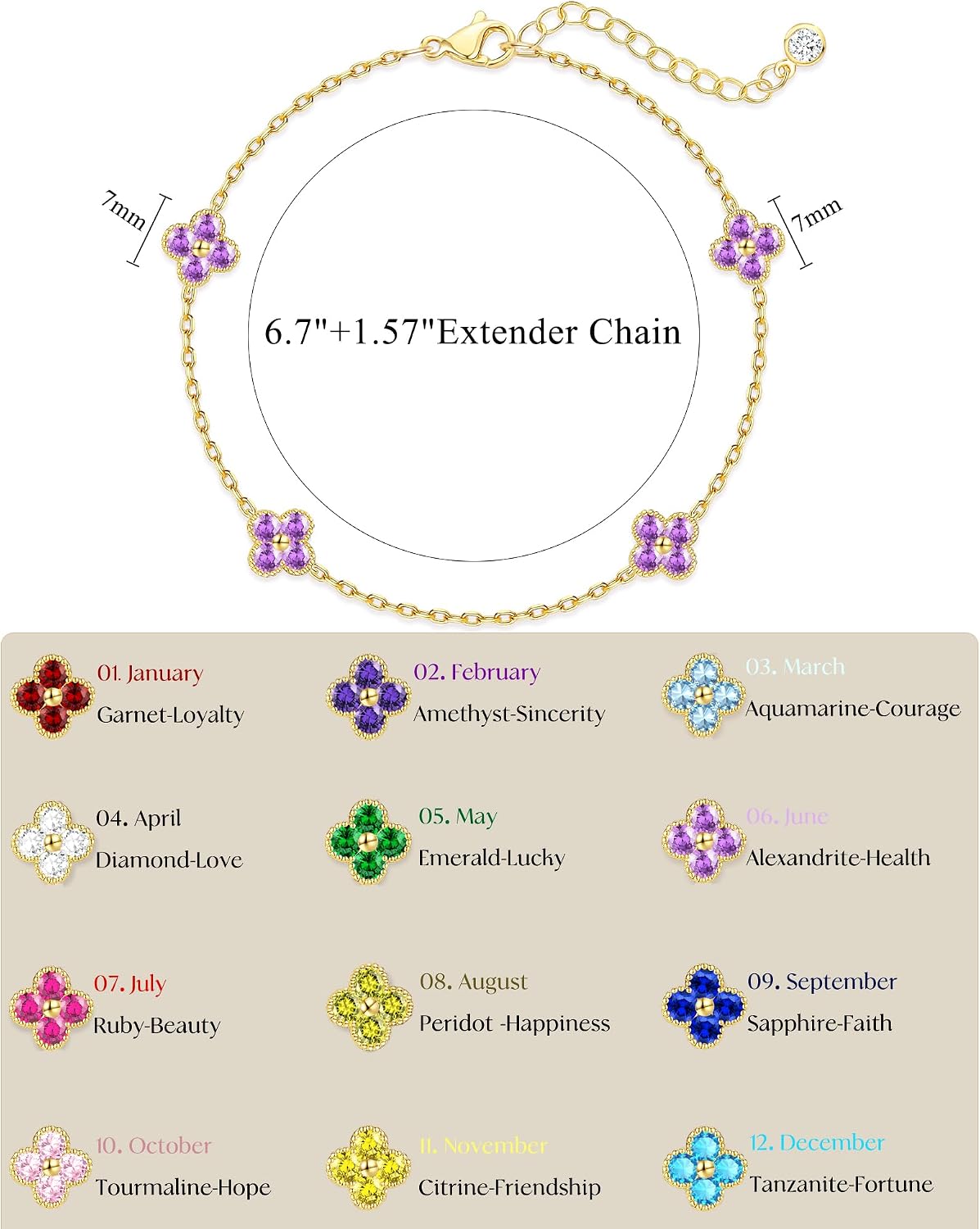 Birthstone Gold Clover Bracelet Dainty 14K Gold Plated Cute Friendship Stackable Bracelets for Women No Tarnish Trendy Charm Best Friend Bracelet Stack for Birthday Jewelry
