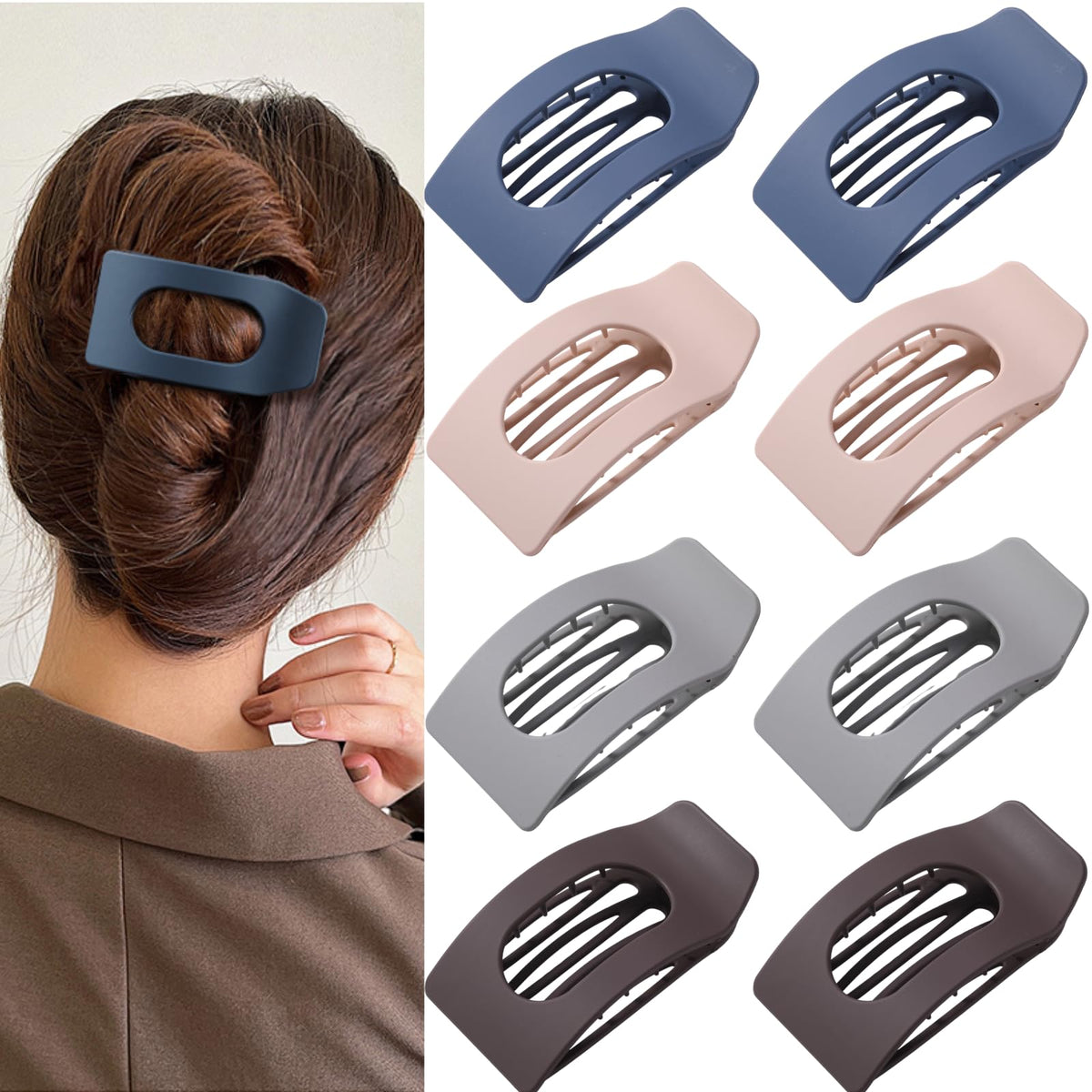 8 Pack Flat Hair Clips for Women – Large Matte Rectangle No-Slip Claw Clips, Strong Hold Square Hair Accessories for Thick & Thin Hair, Lay Flat Design for Work & Daily Styling