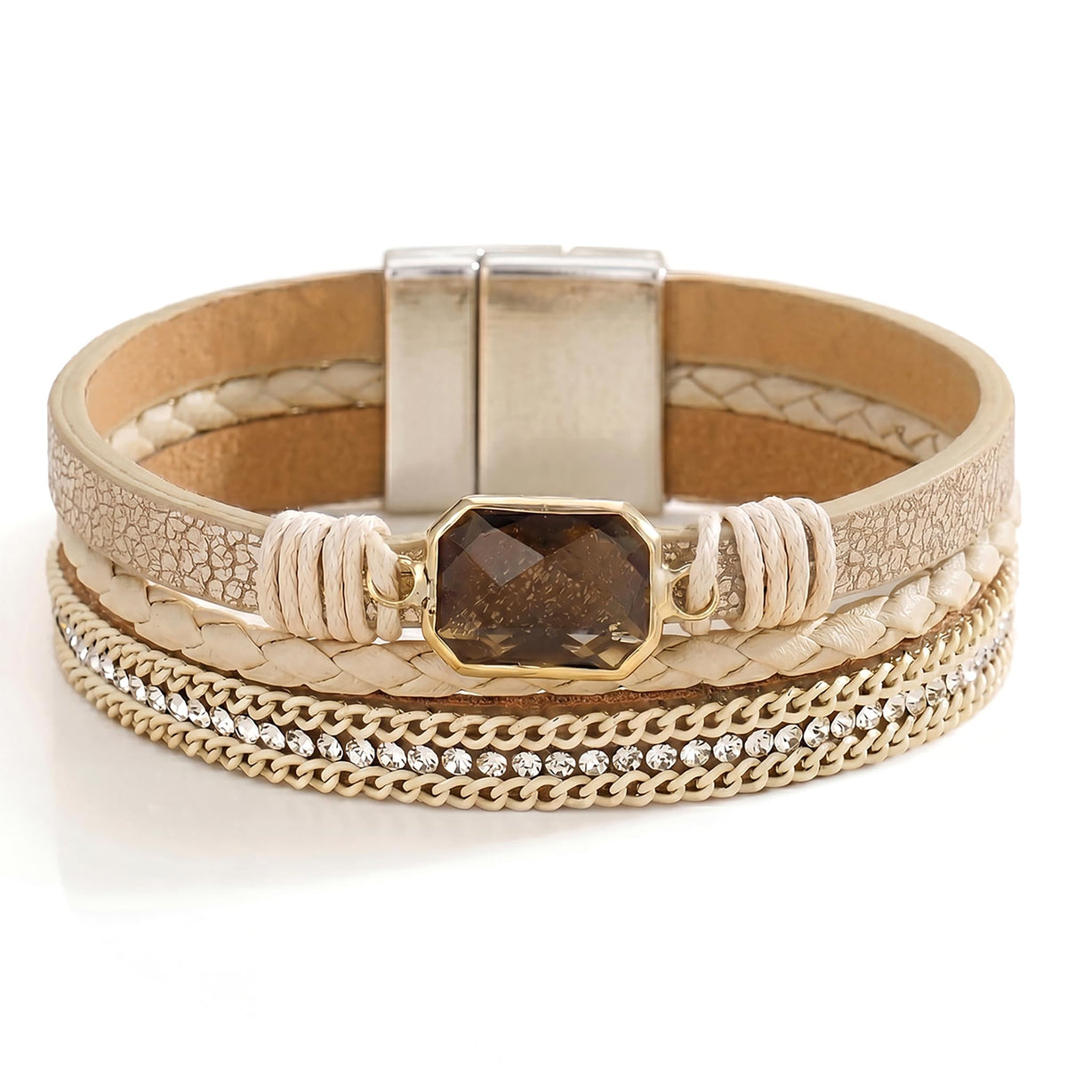 Fesciory Leopard Bracelet for Women, Boho Leather Wrap Multi-Layer Pearl Crystal Bracelet Bangle Jewelry