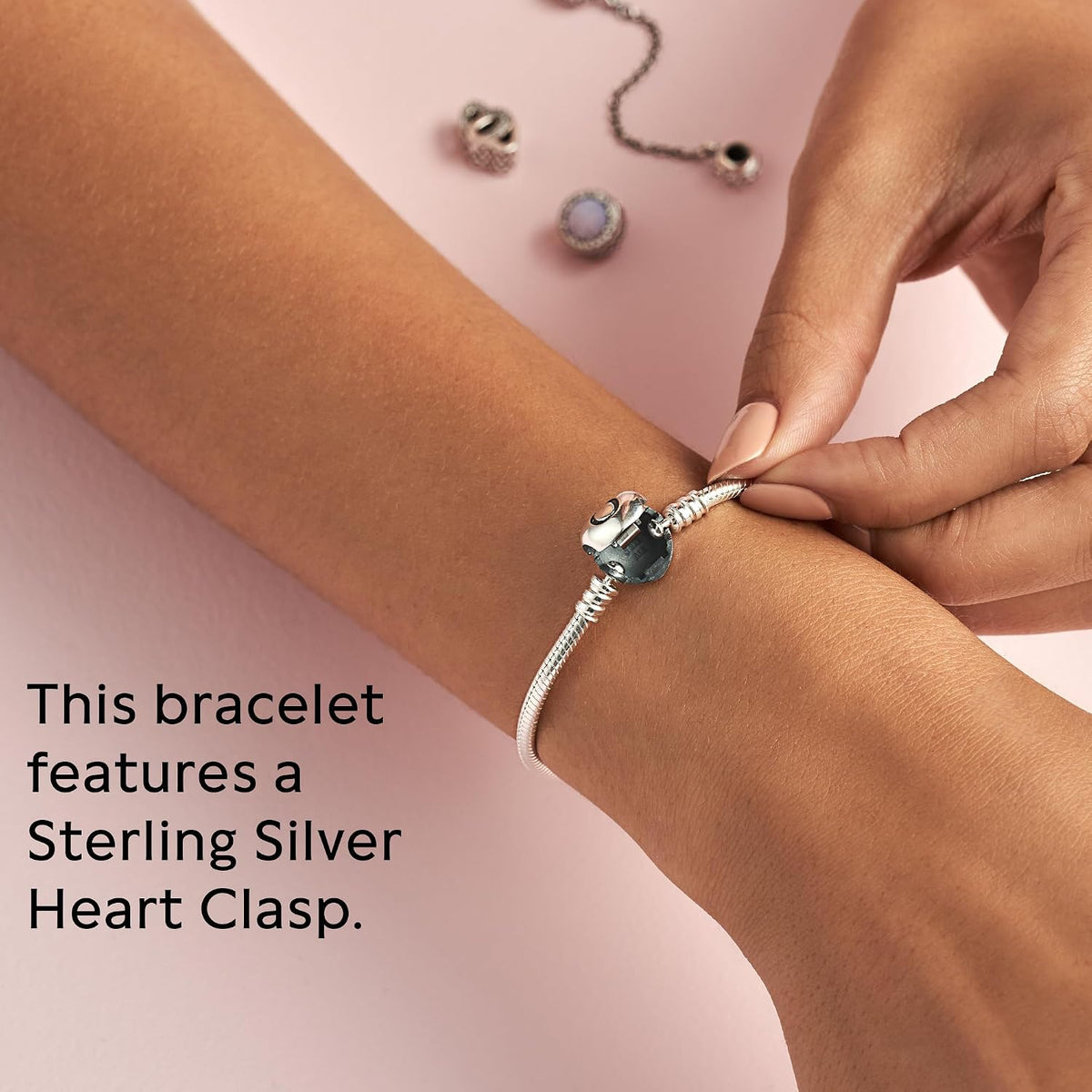 PANDORA Heart Clasp Snake Chain Bracelet - Heart Clasp - Romantic Jewelry for Her with Gift Box - Compatible Moments Charms - Sterling Silver