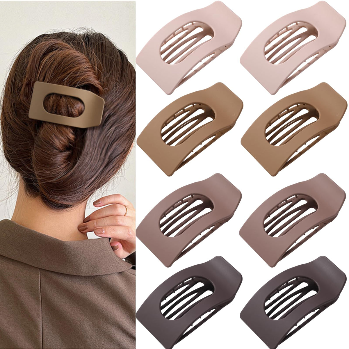 8 Pack Flat Hair Clips for Women – Large Matte Rectangle No-Slip Claw Clips, Strong Hold Square Hair Accessories for Thick & Thin Hair, Lay Flat Design for Work & Daily Styling