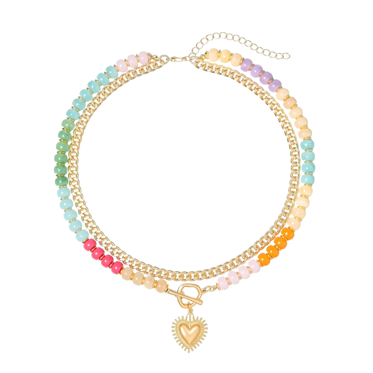 Layered Necklaces for Women, 14K Gold Plated Heart Pendant & Colorful Acrylic Beaded Choker, Cute Trendy Jewelry, Anti-Tangle Single Clasp Design, Summer Beach Boho Necklace for Women
