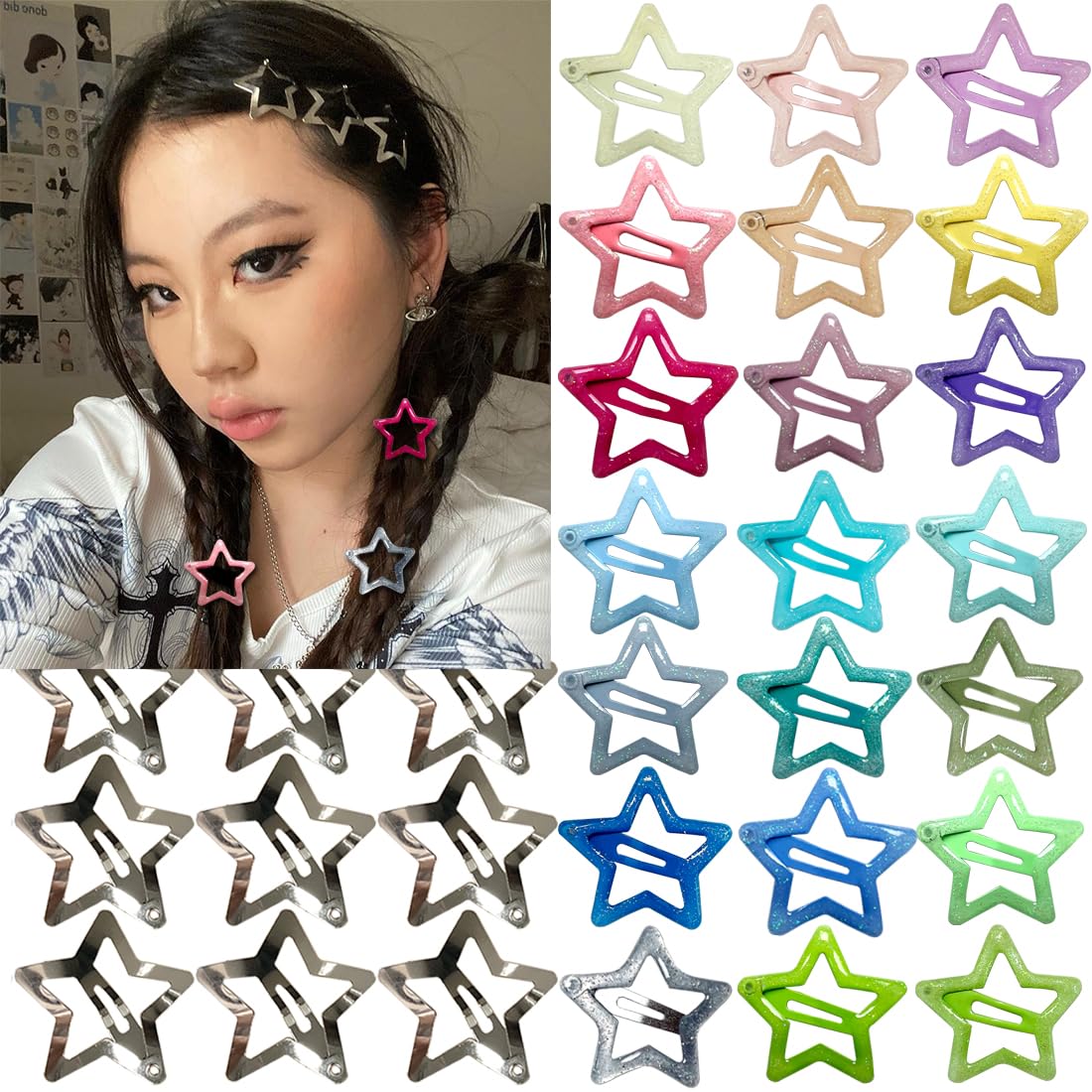 20 PCS 1.22" Star Hair Accessories - Non-Slip Metal Snap Clips and Barrettes for Girls & Women, Y2K Style