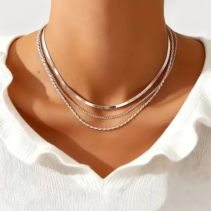 3 PCS Stainless Steel Chain Necklace Set for Men Women, Fashionable Multi-Layered Necklaces for Daily Wear or Parties, Jewelry Accessories, Exquisite Gifts for Women