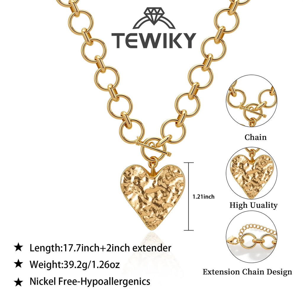 Tewiky Best Gift For Mothers Day Greenish Jewelry Necklaces Valentine's Day Gift Chunky Gold Layered Heart Pendant Bold Chain with Toggle Clasp for Women,Waterproof Hypoallergenic Chunky Statement Jewelry for WomenFashion Jewelry Items Holiday gifts