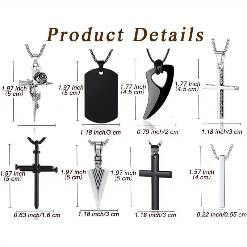 8pcs Necklace for Men, Mens Necklaces Jewelry Set, Black and Silvery Stainless Steel Necklace, Cross Pendant Necklace, 16-24 inches Chain