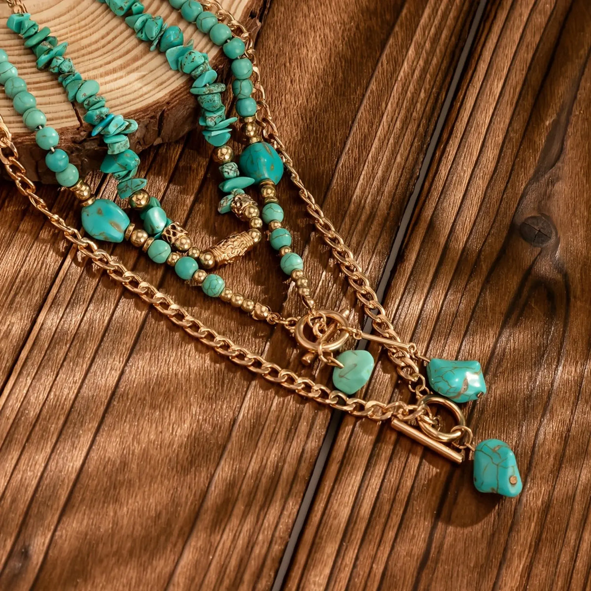 A set of three bohemian turquoise beaded stacked necklaces for women, perfect as accessories for holidays, birthdays, dates, parties, vacations, shopping, and daily commutes
