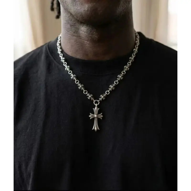Vintage Cross Pendant Necklace, Unisex Silver Stainless Steel Chain, Trendy Y2K Street Style Jewelry for Men Women